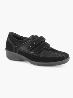 Medicus Zwarte Leren Comfort Instapper Klittenband-Dames Comfort Schoenen