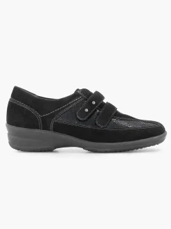 Medicus Zwarte Leren Comfort Instapper Klittenband-Dames Comfort Schoenen
