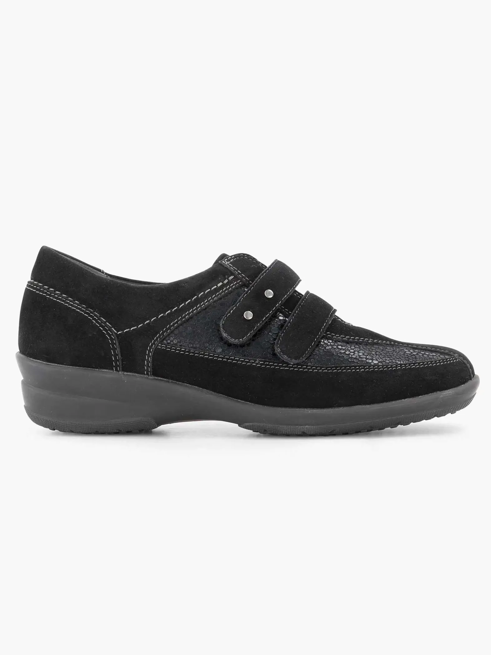 Medicus Zwarte Leren Comfort Instapper Klittenband-Dames Comfort Schoenen