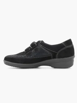 Medicus Zwarte Leren Comfort Instapper Klittenband-Dames Comfort Schoenen