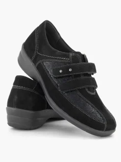 Medicus Zwarte Leren Comfort Instapper Klittenband-Dames Comfort Schoenen